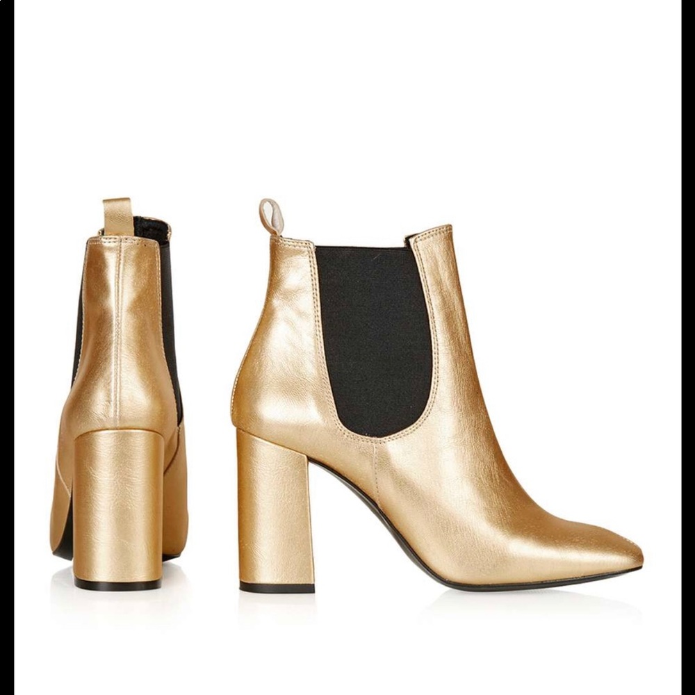 Topshop Maria Gold Chelsea Block Heel Leather Bootie  NWB Size 9.5